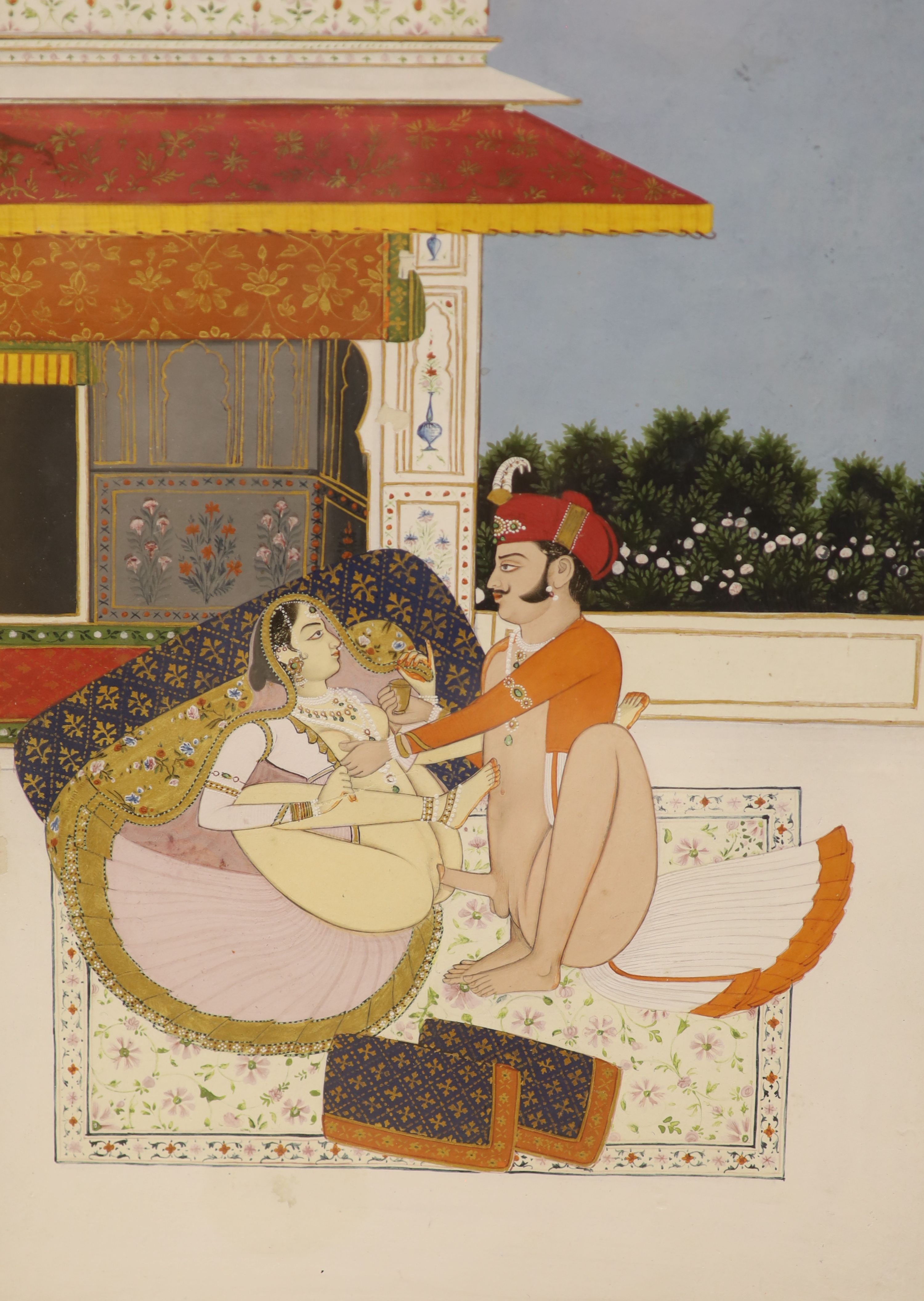 Jaipur School, three gouaches, Erotic subjects, largest 26 x 19cm